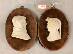 Two C19th oval velvet backed alabaster profile figures, Dante and Erasmus