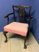 Good George III gentleman's Chippendale design carved mahogany arm chair with overstuffed seat (