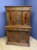 Good small French two part carved oak buffet, 174h x 117w x 53d cm. Condition good.