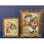 2 contemporary paintings of clowns, indistinctly signed, largest, 24 x 19