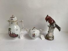 Meissen porcelain teapot, possibly C18th, enamelled with flowers, underglaze relief moulding,
