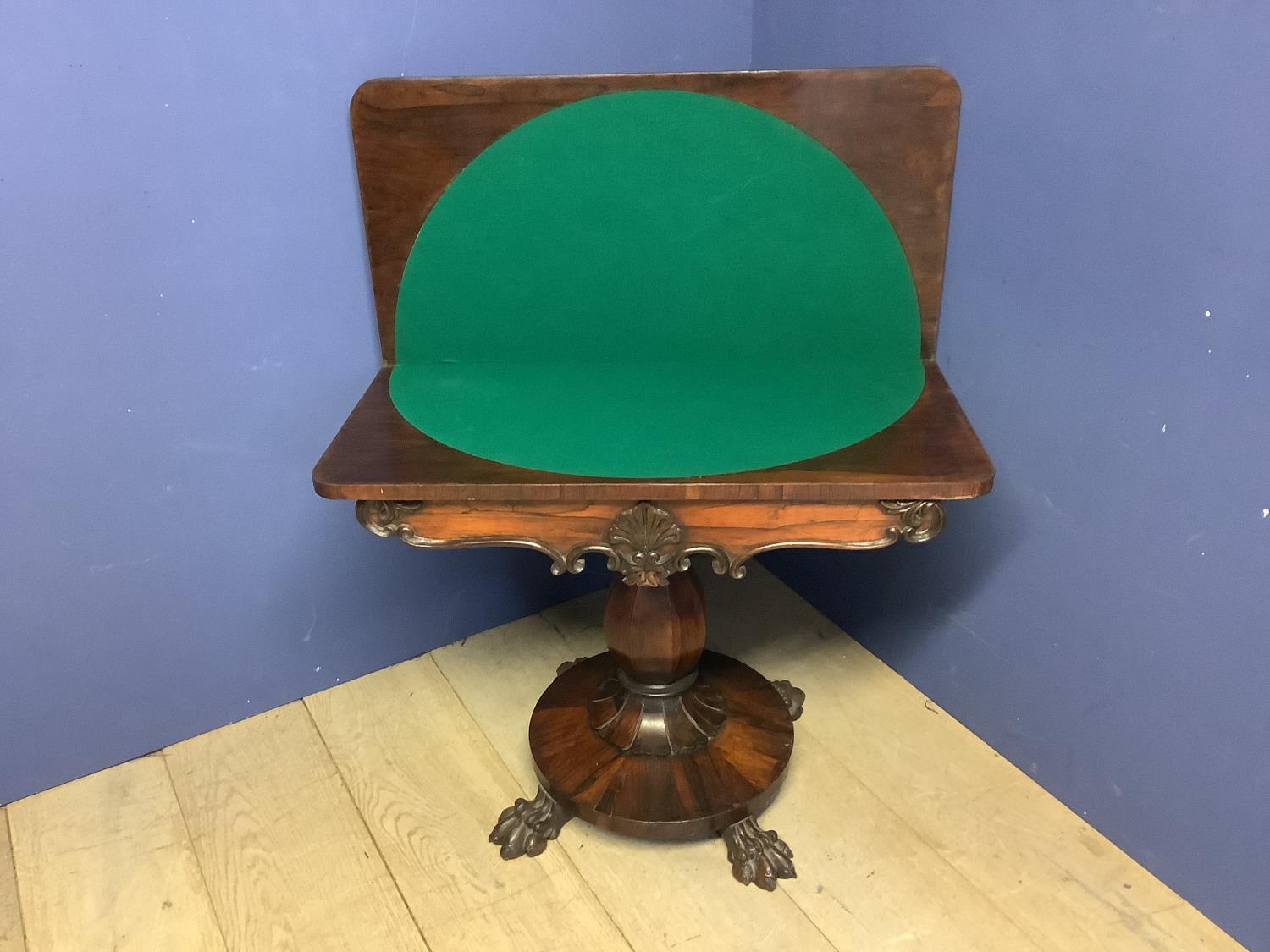 Good William IV Coromandel wood pedestal foldover card table with a newish green baize circular - Image 3 of 3