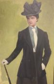 C20th oil, "Lady with an umbrella and hat dressed as Suffragette " inscribed and titled verso H