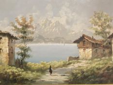 C20th, Continental Scene, C1935 "Swiss Lake", indistinctly signed lower left, 48.5 x 68.5cm,