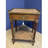 Mid C19th French marble top side table with a drawer beneath brass galleries to top and under tier