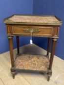 Mid C19th French marble top side table with a drawer beneath brass galleries to top and under tier