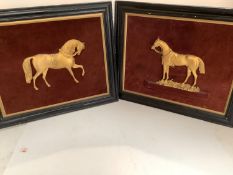 Pair of Victorian gilt/brass horse relief pictures. A circus horse and a hunter. 49 x 59 overall