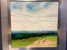 GEORGE S WISSINGER C20th, oil, Cotswold landscape with sheep, 2019, 38.5 x 38.5cm, framed,