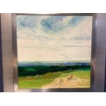 GEORGE S WISSINGER C20th, oil, Cotswold landscape with sheep, 2019, 38.5 x 38.5cm, framed,