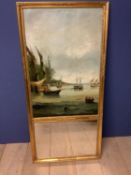 Early C19th French gilt frame pier mirror surmounted by an oil on canvas painting of sailing and