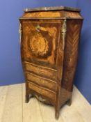 Good C19th French Kingwood and marquetry small bomb escritoire with a marble top and fitted maple