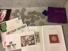 Qty of coins and stamps including Royal Mail Millenium stamps, first day covers, and interesting