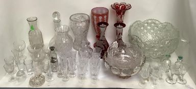 Collection of glassware, 50 items including wine glasses, vases, fruit bowls, decanter & large punch