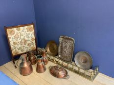 Quantity of copper items (see images) including Wooden and glazed tapestry fire screen, a brass fire