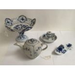Three pieces of blue and white Meissen porcelain, a comport, a Turkish slipper 16cm, a comport 16.