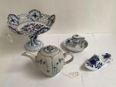 Three pieces of blue and white Meissen porcelain, a comport, a Turkish slipper 16cm, a comport 16.