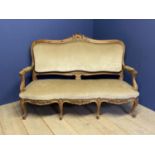 C19th large French upholstered fruitwood show frame double serpentine front settee, with shell and
