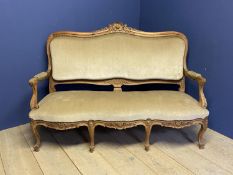 C19th large French upholstered fruitwood show frame double serpentine front settee, with shell and