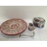 Quimper pottery oyster dish, pink & white 33cm with small Quimper jug 9cm, Vista Allegre