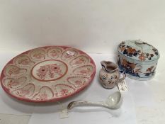 Quimper pottery oyster dish, pink & white 33cm with small Quimper jug 9cm, Vista Allegre