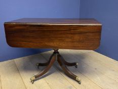 Early C19th mahogany pedestal Pembroke table with a drawer on swept reeded quadruped legs to brass