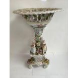 Continental porcelain tazza on a Rococo stand, decorated with flowers and 3 figures of flower