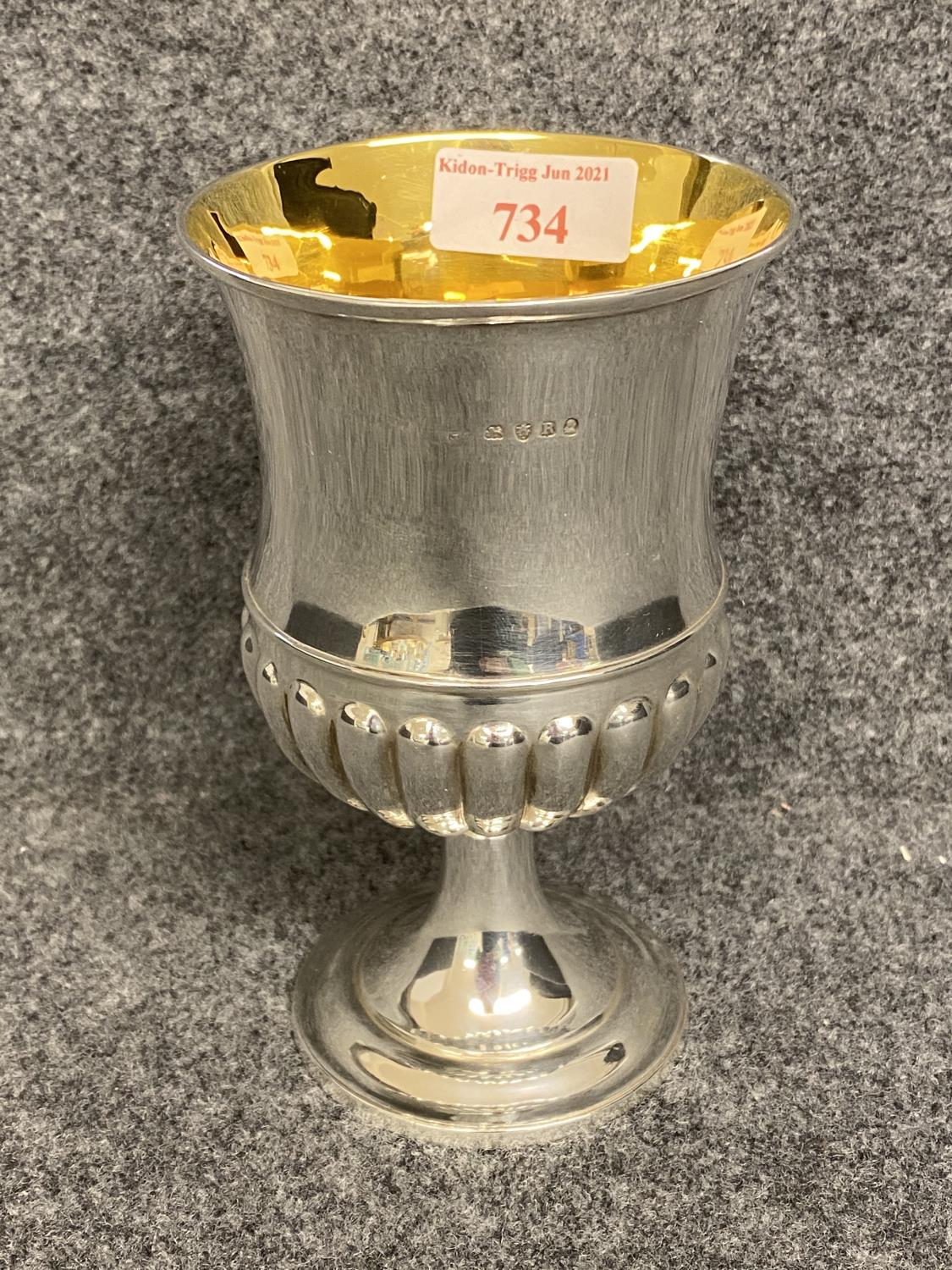 Regency silver wine goblet, thistle shaped, part ribbed with Scottish crest & motto, gilded inside