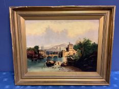 Continental oil on canvas, "town landscape, with boat and figure in foreground", gilt frame , 44.5 x