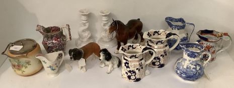 S Fielding & Co, Peek Frean Biscuit barrel (15cm H) & quantity of pottery and ironstone jugs and