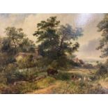 Attributed to DAVID COX (1783- 1859) C19th Oil on canvas, "Landscape with Cottages and Farm Animals"