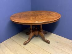 Small Victorian burr walnut oval loo table on carved quadruped base 120cm x 86cm x 72cm H.