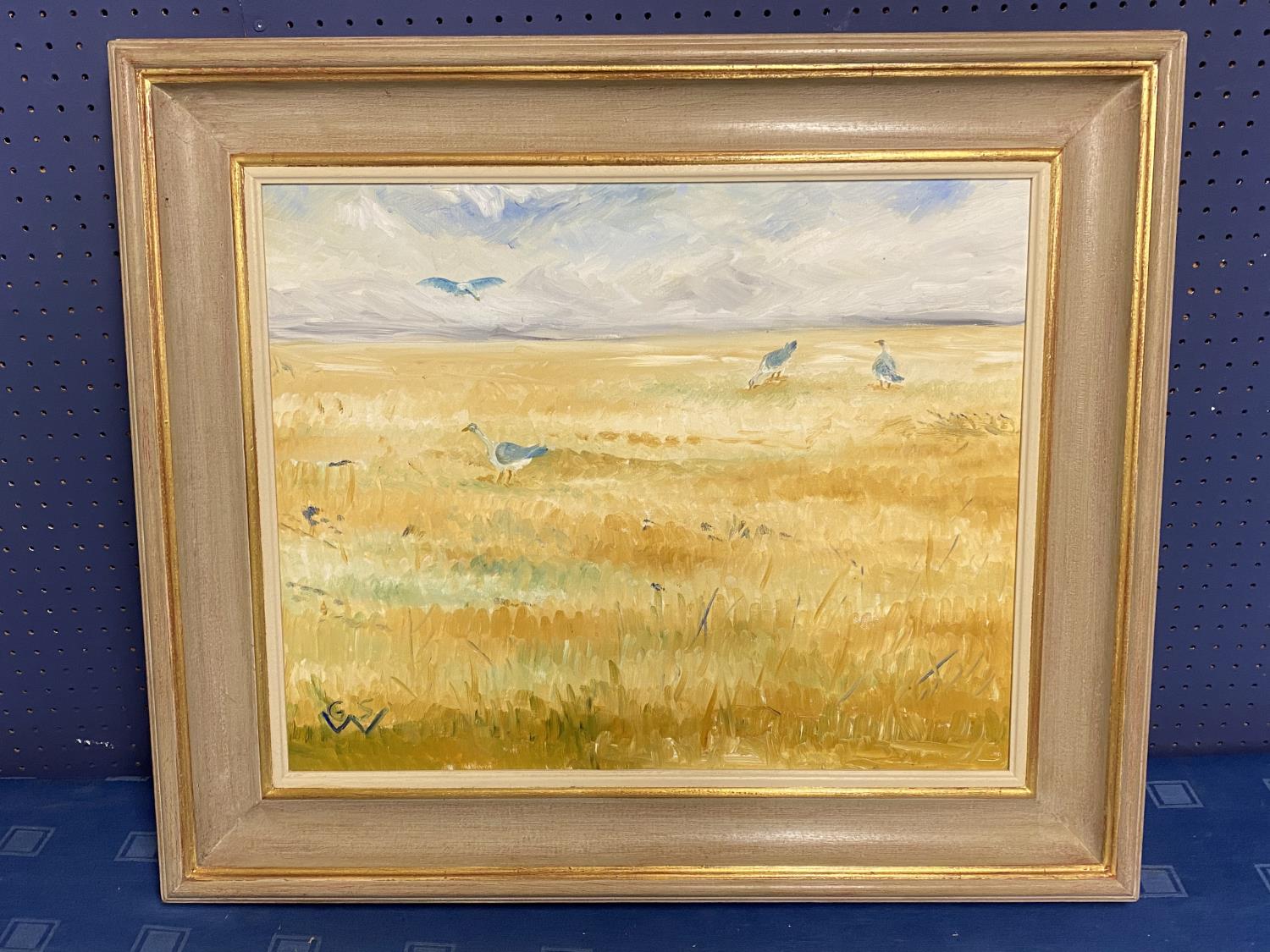 GEORGE S WISSINGER C20th, oil, Wild Geese on stop over to Siberia, 39 x 48.5cm, framed, Condition: - Image 2 of 2