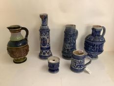 5 pieces of German salt glazed stoneware, including tankard, and jugs Condition Report: various
