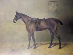 Oil on canvas, Study of a C19th style bay horse in stable, signed J Campion to the rug on the stable