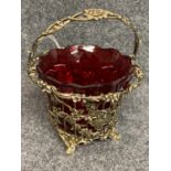 Early Victorian silver gilt sugar or sweetmeat basket, the wirework sides applied swags of