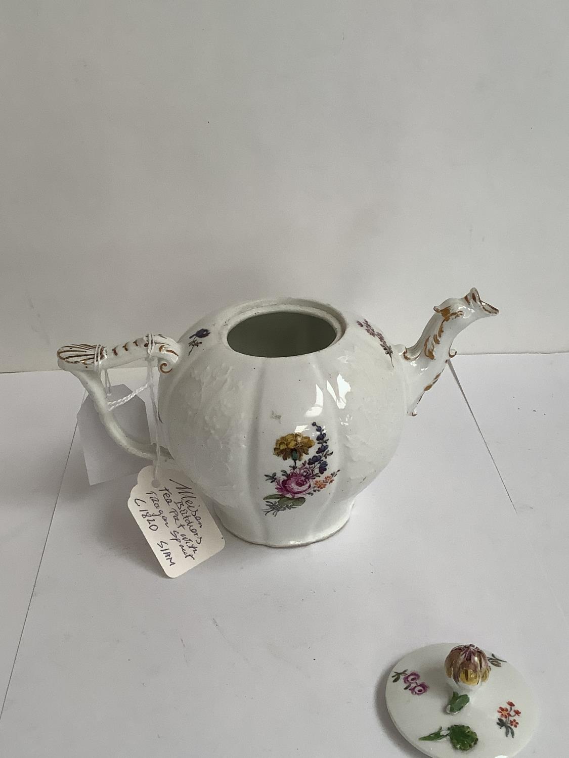 Meissen porcelain teapot, possibly C18th, enamelled with flowers, underglaze relief moulding, - Image 11 of 17