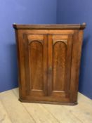 Large C19th oak hanging corner cupboards with fitted shaped shelves 120cm H x 96cm W x 49cm D.