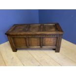 Small carved oak 3 panel coffer, with original ironwork 108 cm L x 48 deep x 50 H. Condition good