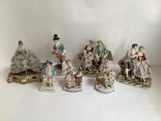 Small collection of C19th & C20th Continental porcelain figures, including 2 pairs of lovers & a