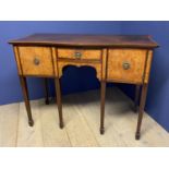 C19th Irish small cross banded serpentine mahogany sideboard with fruitwood panels on inlaid tapered