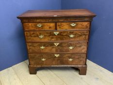 George I period solid walnut chest, English, C1715-20, with original brass, restored bracket feet,