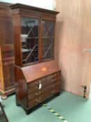 Good C19th inlaid & crossbanded mahogany bureau bookcase with astragal glazed top doors. 108cm W x