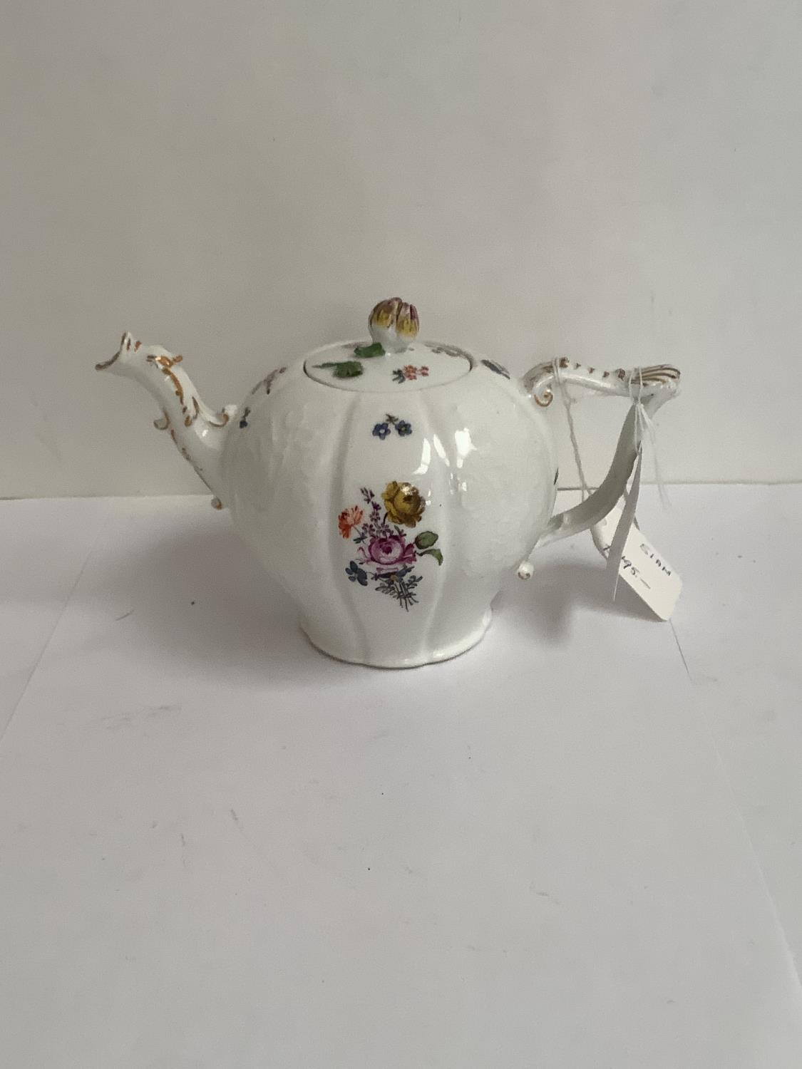 Meissen porcelain teapot, possibly C18th, enamelled with flowers, underglaze relief moulding, - Image 7 of 17