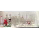 Collection table glass, including decanters, wine glasses, jugs and vases, and a Bohemian overlay