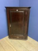 Mid C18th oak hanging corner cupboard with fitted shaped shelves above a drawer. 112cm H x 77cm W