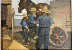 Modern oil on board, "Cart and horse with group of Armish people, Ohaio" signed lower left