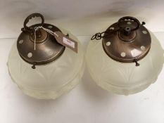 Pair opaque glass hanging lampshades on chains 33 cm h overall