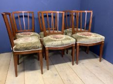 Set if 6 inlaid mahogany dining chairs with overstuffed seats, Condition: General wear, cracked