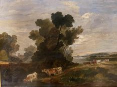 C19th, English School, oil on canvas, "Cattle at a stream", 35 x 47cm, framed, condition - some