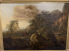 C18th/C19th, Oil on canvas, Landscape, Woman with donkeys and Herder in a Rocky landscape, 42 x